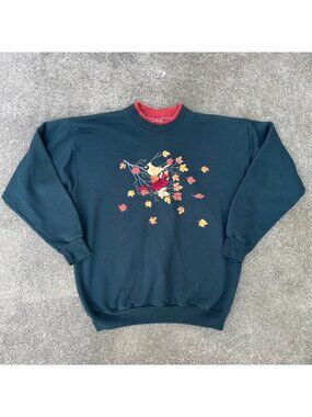 Vintage 90s Top Stitch by Morning Sun Green Sweater Embroidered Bird Cardinal M